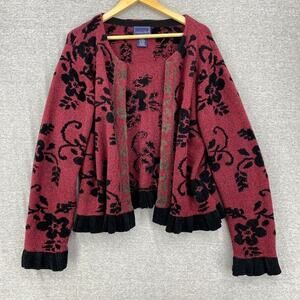Eagle's Eye Cardigan Sweater Womens Extra Large Wool Burgandy Black Floral